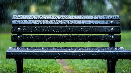 Bench with Rain Drops in Urban Park Setting