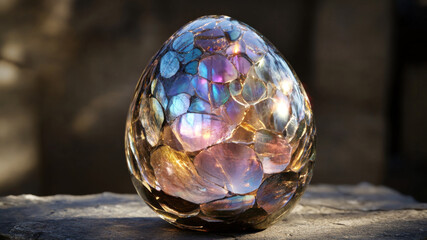 Close-up of a beautifully polished colorful crystal egg on a stone surface