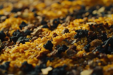 Artistic closeup of a flavorful dish featuring saffron rice and dark, textured mushrooms, creating a culinary mosaic with a rich and inviting aroma.