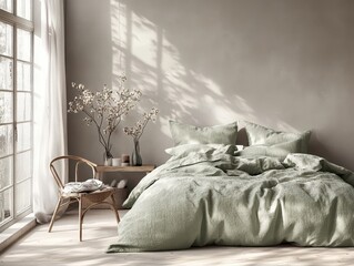 A serene bedroom interior with elegant green bedding and decor