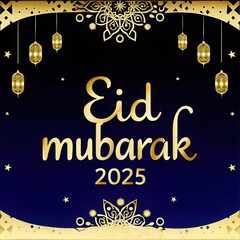 Eid Mubarak Luxury vector illustration premium banner background. Golden mandala with awesome gradient moon and star design with white calligraphy. Islamic light with mosque and minaret
