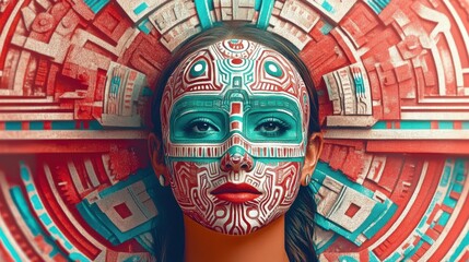 A close-up of a woman's face adorned with elaborate tribal face paint in bold red, white, and turquoise, reflecting rich cultural heritage and artistic expression.