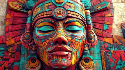 A vibrant mural depicting an ancient mask adorned with intricate cultural motifs, symbolizing heritage and artistry, highlighted with vivid patterns and historical resonance.