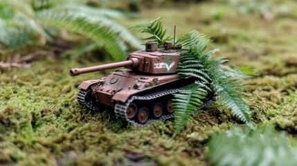 A miniature model of a tank displayed within a verdant forest setting, blending military and peaceful nature elements in a small-scale, detailed diorama display.