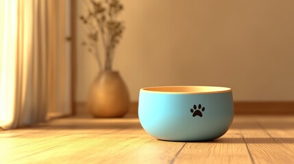 A simple image of a blue pet bowl with a paw print, placed on a wooden floor, perfect for pet care or interior design concepts in a warm setting.
