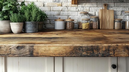 Rustic Wooden Kitchen Counter With Storage Jars And Plants