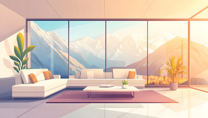 Modern Mountain View Living Room Serene Minimalist Interior Design