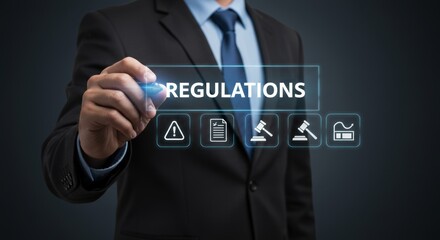 Businessman interacts with transparent regulatory compliance technology interface