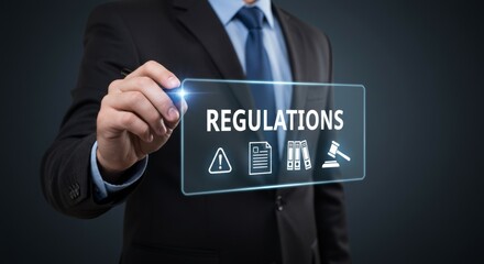 Obraz premium Businessman interacts with transparent screen displaying regulations and compliance icons