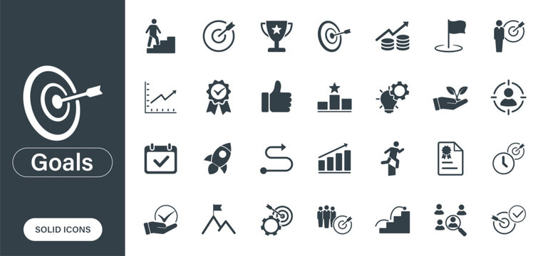 Goals icons. Set of solid vector icons representing target, vision, effort, and success.