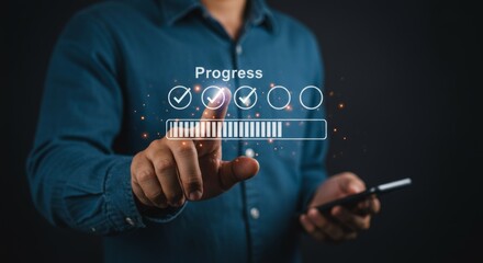 A man is showing a progress bar in a digital interface representing accomplishment