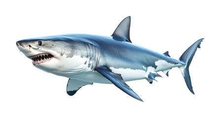 Naklejka premium Great white shark swimming gracefully in the ocean water showcasing its powerful features and captivating blue hues, cut out