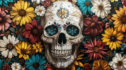 Colorful skull surrounded by vibrant flowers, symbolizing life and death, set against a dark background