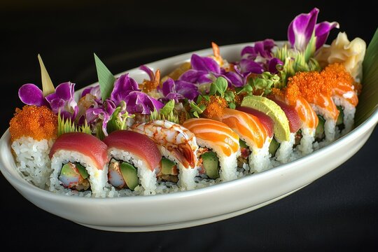 An elegant sushi platter featuring an assortment of vibrant rolls with tuna, salmon, and shrimp, beautifully garnished with edible flowers, on a sleek white dish set against a dark backdrop.