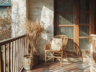 A vintage wooden balcony with a wicker chair and dry plant