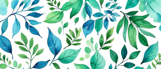 Watercolor leaves pattern with fresh green and blue colors on white