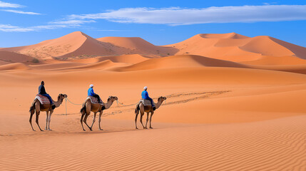 Travelers riding camels through the vast golden sand dunes of the Sahara.