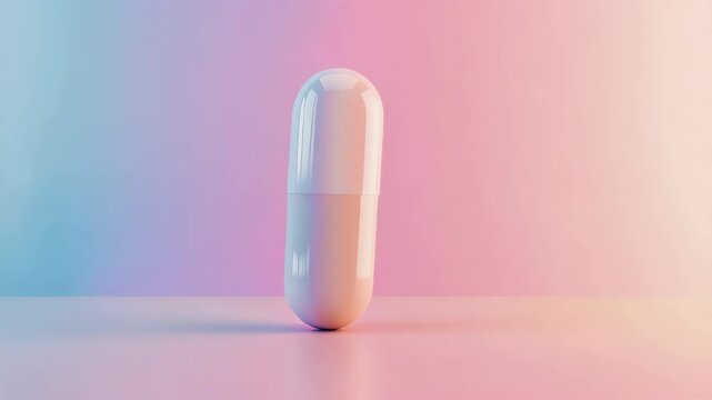 A close-up of a pill capsule on a pastel-colored granite background. Medication. Treatment. 