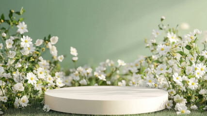 Minimalist platform surrounded by daisies and green foliage on a soft background