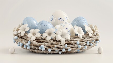 Obraz premium A beautifully arranged Easter nest featuring pastel-colored eggs and delicate flowers on a soft, bright background