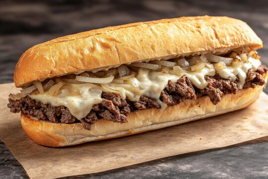 Delicious Philly cheesesteak with melted provolone cheese and grilled onions, resting on a piece of brown paper, ready to be devoured at lunchtime.