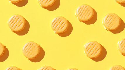 Yellow macarons on a bright yellow background, creating a playful pattern