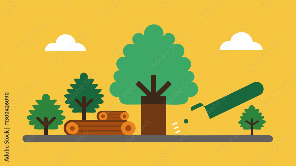 Poster tree cutting a of a chainsaw ting down a large tree with piles of logs and small palm oil saplings b