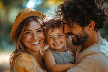 Fototapeta premium A happy family playing together in a sunny park