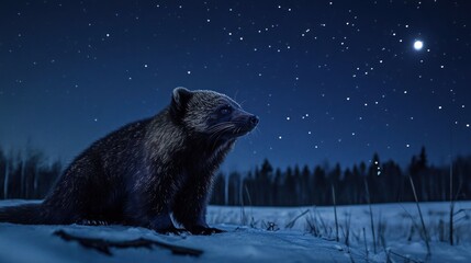 Obraz premium A solitary wolverine gazes at a starry night sky in a tranquil snowy forest landscape