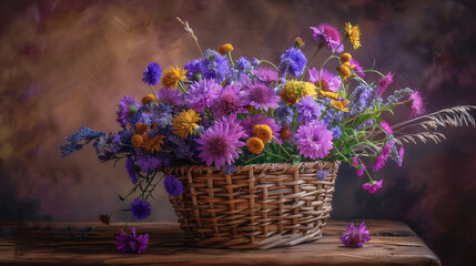 Rustic wildflower bouquet in a woven basket on a wooden table