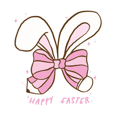 Retro Coquette Happy Easter Bunny Ears with Pencil Bow, Easter School Hand Drawn