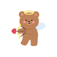 Fototapeta premium Cupid Bear Standing Aiming Heart Bow to the Left Side