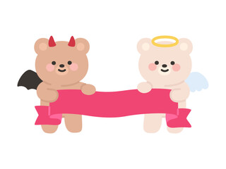 Cute Angel and Devil Bear Holding Blank Red Ribbon Banner for Custom Text