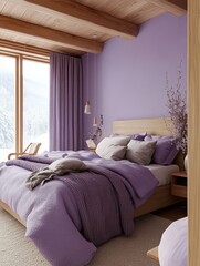 A purple bedroom with a cozy bed and window