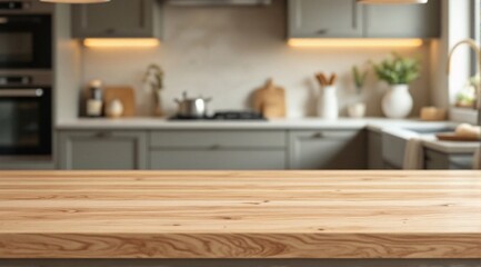 Fototapeta premium A clean wooden kitchen table with a sharp focus in the foreground, with a modern minimalist kitchen faintly visible in the background.