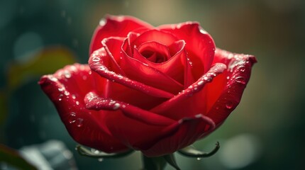 Close-up of Red Rose with Water Droplets for Romantic Designs