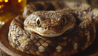 Fototapeta premium Rattlesnake coiled on wood, drinks behind