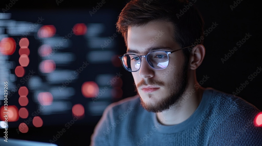 Poster focused young man with glasses working on computer programming at night