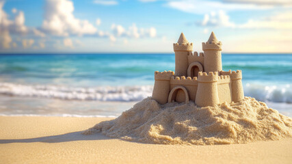 A stunning sandcastle on the shore with starfish and a bright sky with fluffy clouds