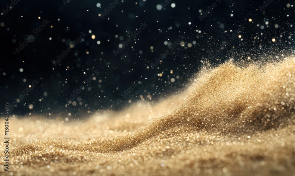 Poster golden glitter texture with dark background and floating particles
