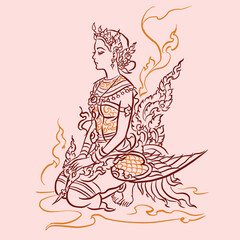 Asian woman in costume vector for card decoration illustration