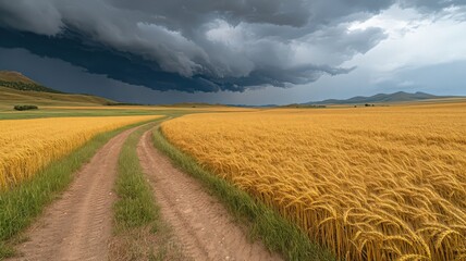 Obraz premium Golden Wheat Field and Dirt Road Under Dramatic Storm Clouds