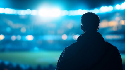 Silhouette of a person watching a sports game with a blurry background of lights