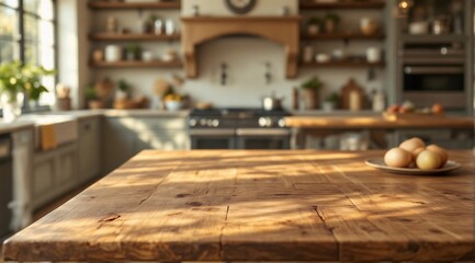A clean wooden kitchen table with a sharp focus in the foreground, with a modern minimalist kitchen faintly visible in the background.