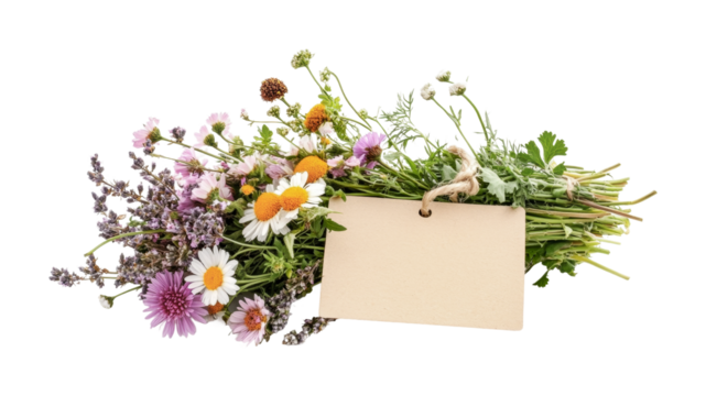 Freshly gathered herbs and flowers with a blank tag for labeling or creating a personalized gift, cut out