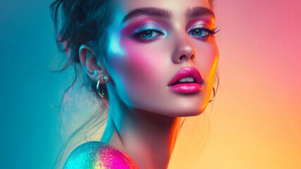 Close-up portrait of a stylish woman with vibrant, colorful makeup and glowing skin