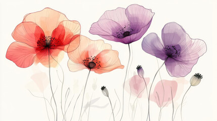 A highly detailed botanical illustration of red and purple poppies, fine ink outlines with watercolor fill, petals with a natural flow and gentle color transitions
