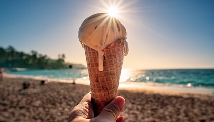 close-up of hand holding ice cream cone, with the beach and ocean in the background and sun flare on the background. The ice cream is melting under the sun.