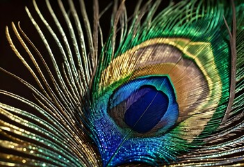 Obraz premium close-up of a peacock feather, vibrant iridescent colors and intricate patterns. Ideal for nature lovers, artistic projects, and decorative themes