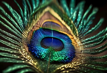 Obraz premium Iridescent Peacock Feather Macro Photography. Abstract Texture Background